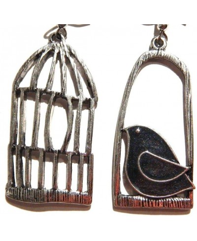 Black Bird & Silvertone Cage Pendant Earrings asymmetric glitter enamel raven crow song bird $11.88 Jewelry Sets