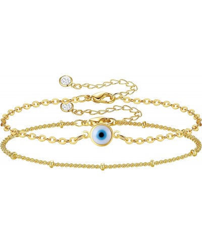 14K Gold Plated Dainty Bracelets for Women Adjustable Layered Chain Evil Eye Oval Heart Charm Bracelet Fashion Gold Anklet Je...