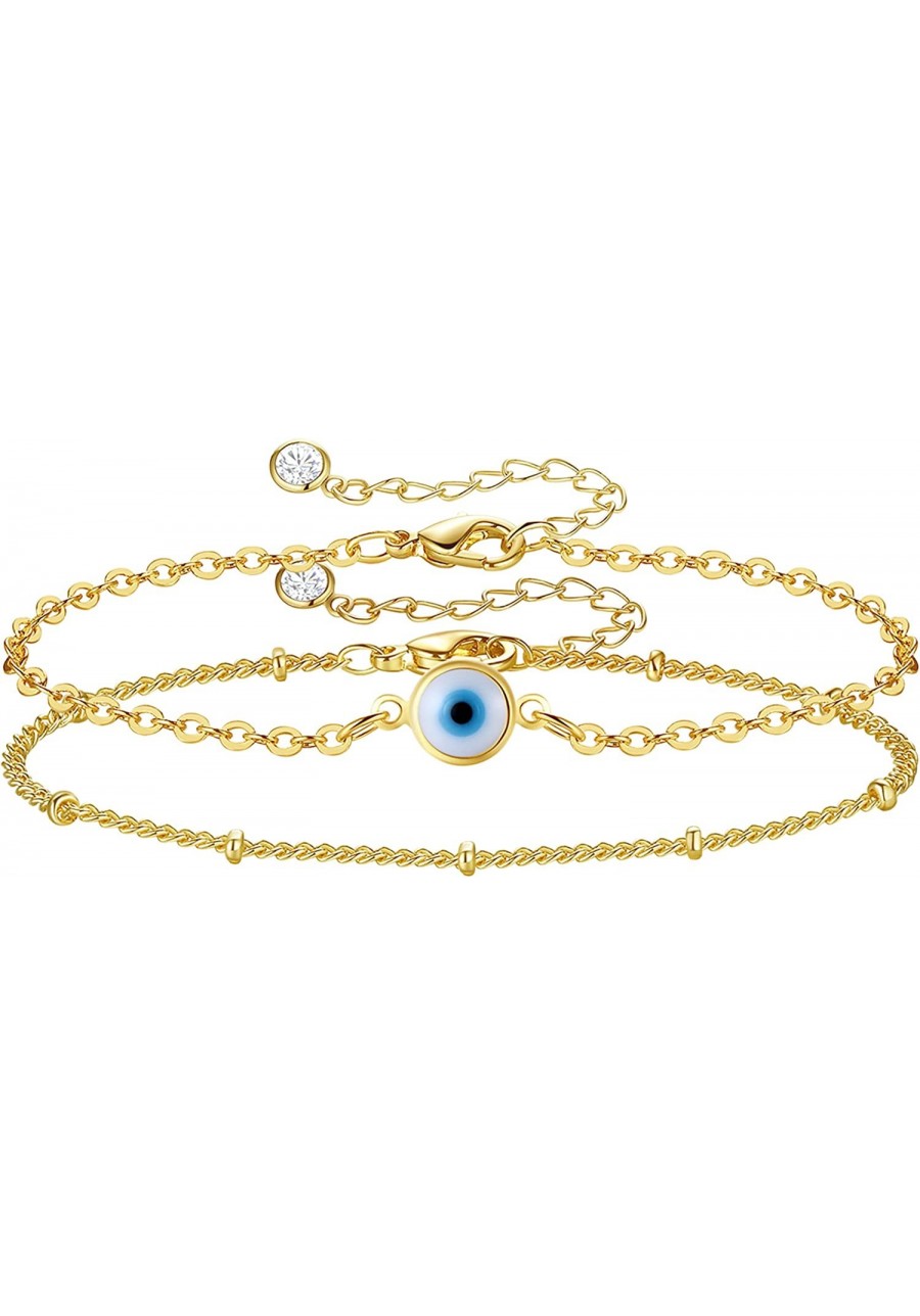 14K Gold Plated Dainty Bracelets for Women Adjustable Layered Chain Evil Eye Oval Heart Charm Bracelet Fashion Gold Anklet Je...