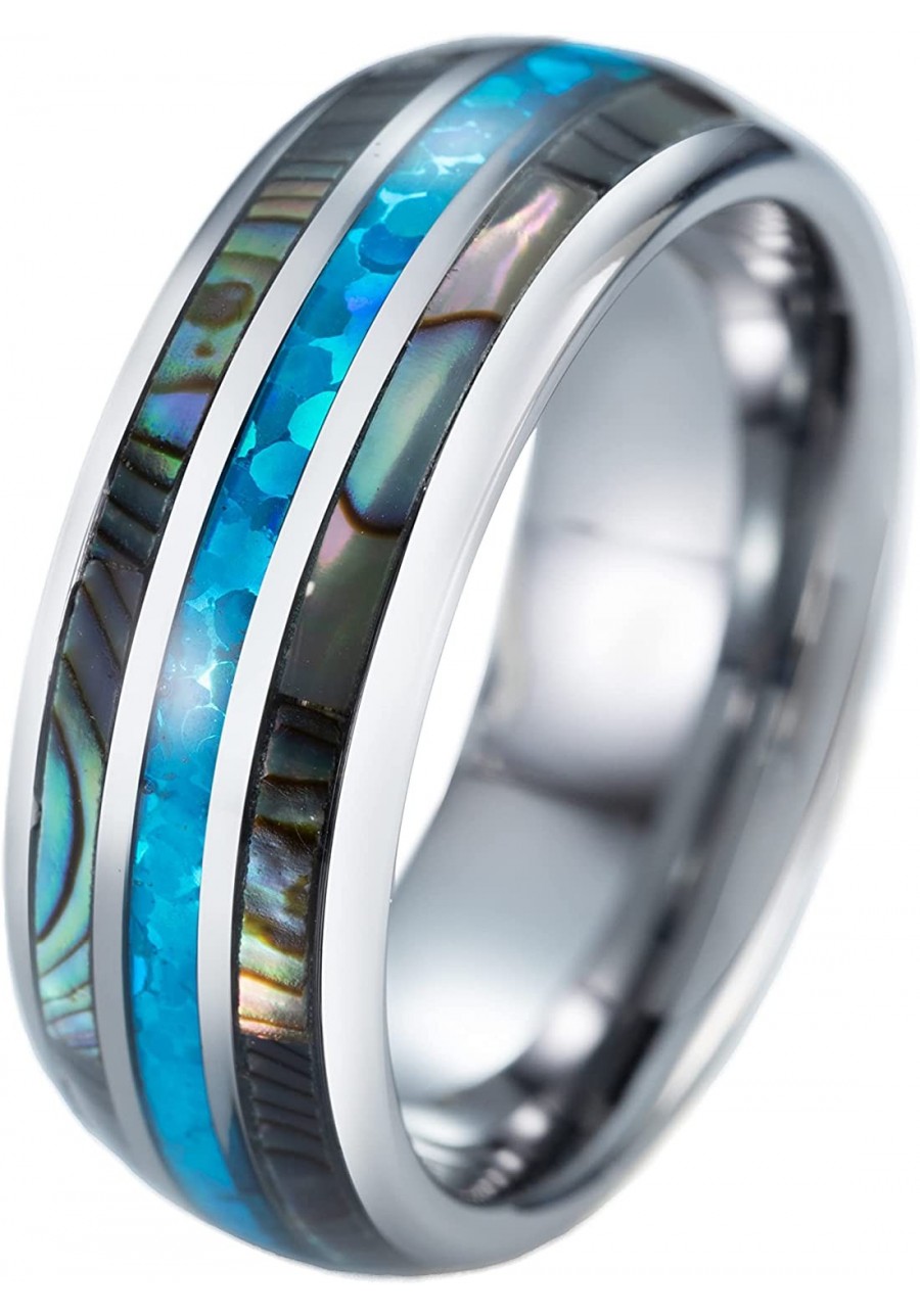 8mm Tungsten Carbide Natural Abalone Sea Shell with Created Blue Opal Inlay 8mm Comfort Fit Men Ring Wedding Engagement Band ...