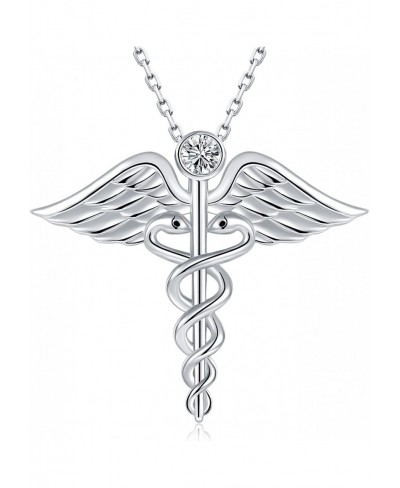 Sterling-Silver Angel Rod of Asclepius Necklace - Medicine Nursing Themed White Gold Snake Caduceus Pendant Wing Nurse Medica...