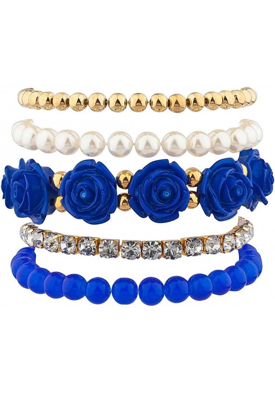 Blue Rose Floral Flower Pave Crystal Beaded Stretch Arm Candy Bracelet Set $13.72 Wrap