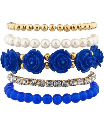 Blue Rose Floral Flower Pave Crystal Beaded Stretch Arm Candy Bracelet Set $13.72 Wrap