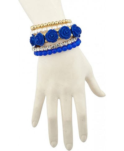 Blue Rose Floral Flower Pave Crystal Beaded Stretch Arm Candy Bracelet Set $13.72 Wrap