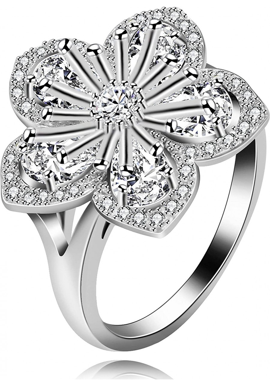 Platinum Plated White Sakura Flower Rings with Pear Cut Cubic Zirconia Wedding Peach Blossom Ring Engagement Y581 $11.99 Enga...