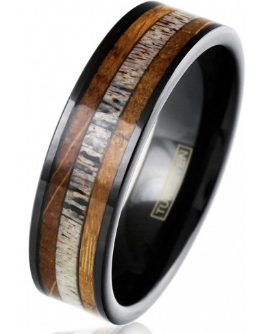 Engraved Personalized 6mm/8mm Piano Black Tungsten Carbide Flat Band Ring with Deer Antler Between Whiskey Barrel Oak Wood In...