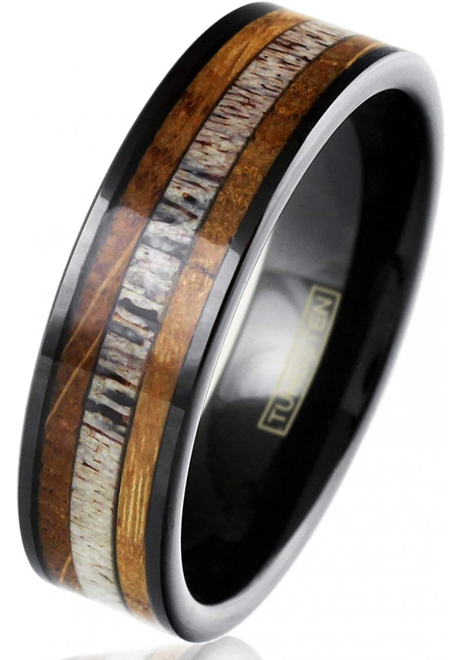 Engraved Personalized 6mm/8mm Piano Black Tungsten Carbide Flat Band Ring with Deer Antler Between Whiskey Barrel Oak Wood In...