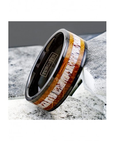 Engraved Personalized 6mm/8mm Piano Black Tungsten Carbide Flat Band Ring with Deer Antler Between Whiskey Barrel Oak Wood In...