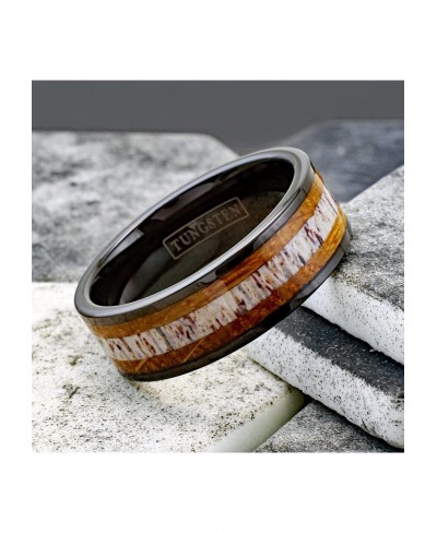 Engraved Personalized 6mm/8mm Piano Black Tungsten Carbide Flat Band Ring with Deer Antler Between Whiskey Barrel Oak Wood In...