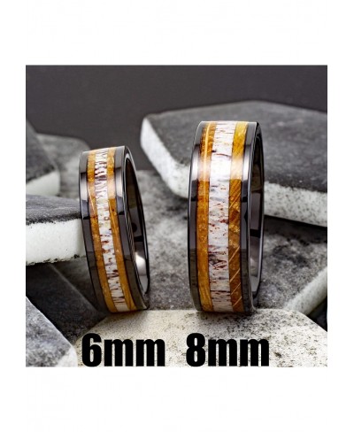 Engraved Personalized 6mm/8mm Piano Black Tungsten Carbide Flat Band Ring with Deer Antler Between Whiskey Barrel Oak Wood In...