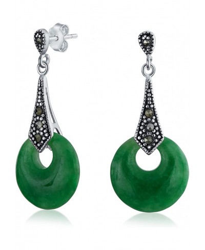 Asian Style Good Fortune Marcasite Dyed Green Jade Open Circle Dangle Drop Earrings For Women 925 Sterling Silver $30.51 Drop...