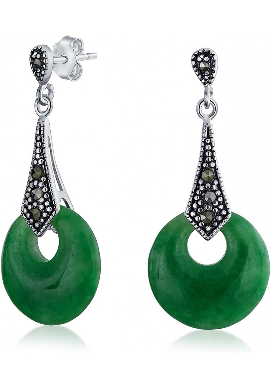 Asian Style Good Fortune Marcasite Dyed Green Jade Open Circle Dangle Drop Earrings For Women 925 Sterling Silver $30.51 Drop...