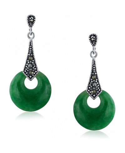 Asian Style Good Fortune Marcasite Dyed Green Jade Open Circle Dangle Drop Earrings For Women 925 Sterling Silver $30.51 Drop...