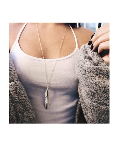 Boho Long Feather Necklace Silver Feather Pendant Chain Necklace Long Drop Necklace Vintage Jewelry for Women and Girls $10.1...