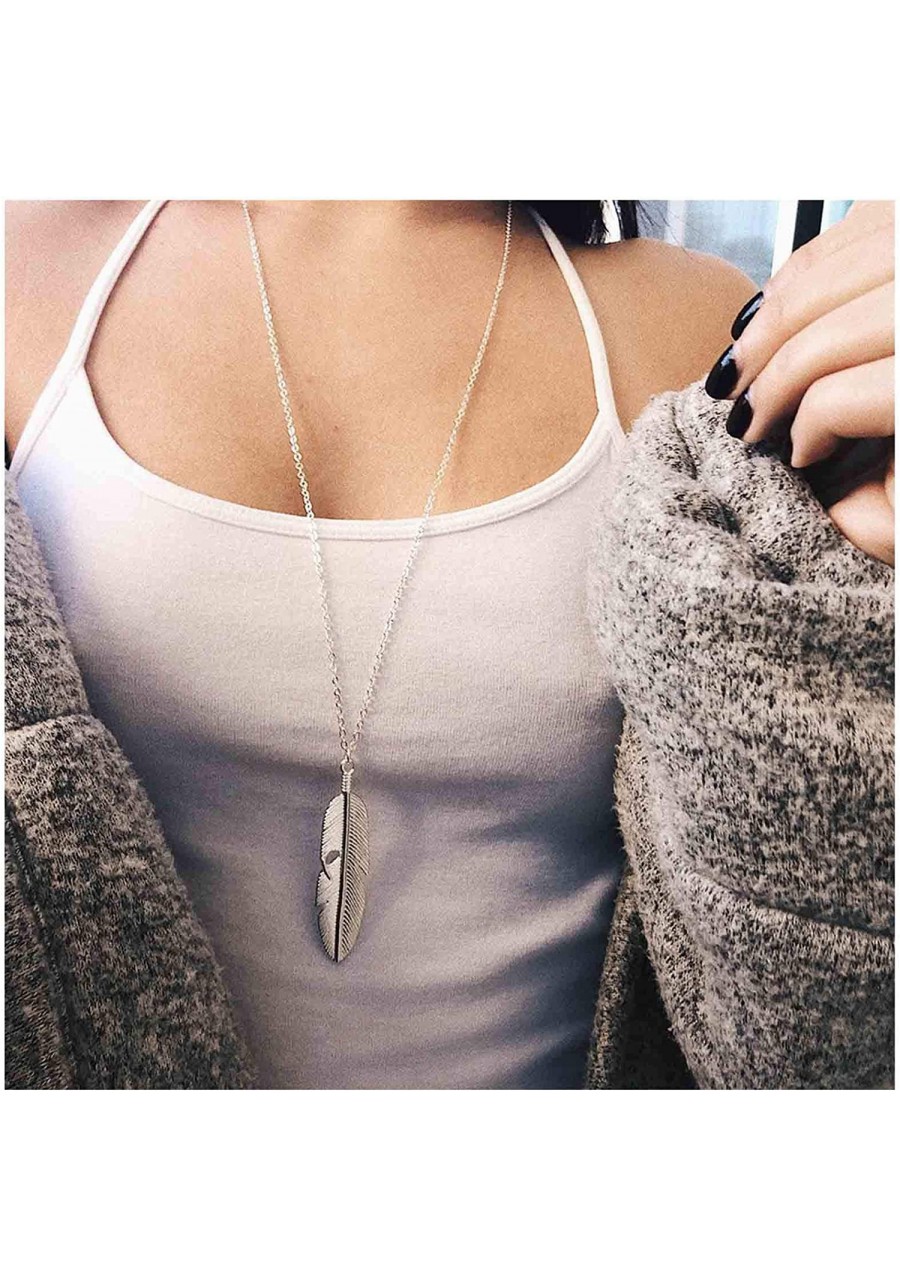 Boho Long Feather Necklace Silver Feather Pendant Chain Necklace Long Drop Necklace Vintage Jewelry for Women and Girls $10.1...