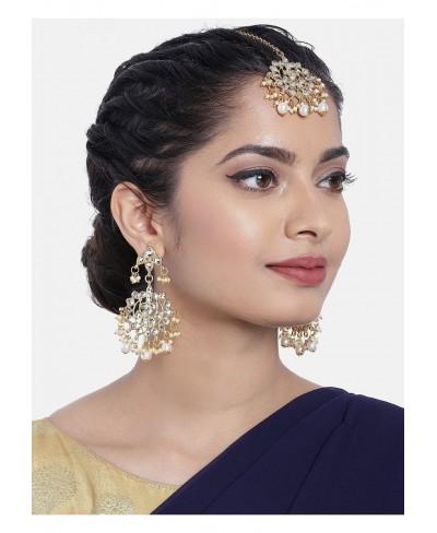 Elegant Indian Traditional Wedding Kundan Pearl Maang Tikka with Earrings Set for Women Ethnic Bollywood Party Jewelry $15.05...