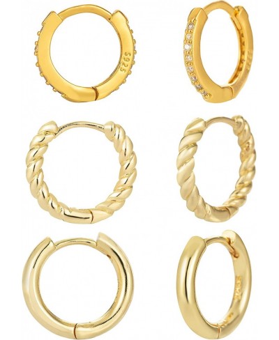 3 Pairs Small Hoop Earrings Set for Women 14K Gold Plated Zirconia Hypoallergenic Gold Huggie Earrings Set for Multiple Pierc...