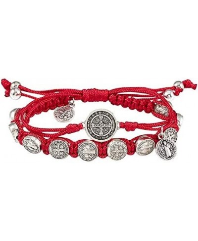 Red St Benedict Bracelet with Silver Toned Medals on Adjustable Double Strand Macrame Jewelry Accessory 8 Inch $10.89 Strand