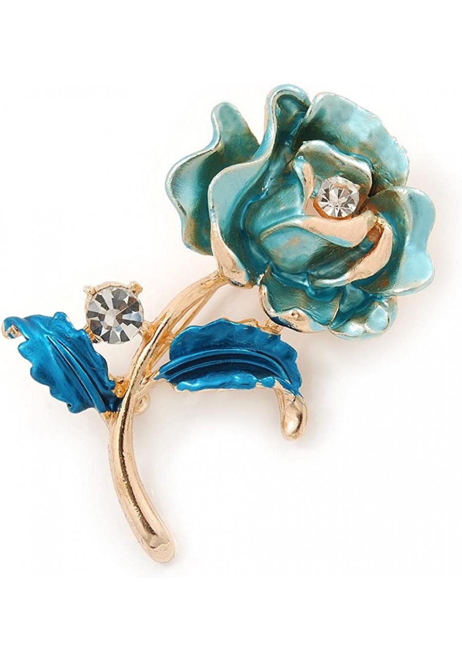 Romantic Light Blue/Teal Crystal Rose Flower Brooch in Gold Plating - 52mm L $8.71 Brooches & Pins