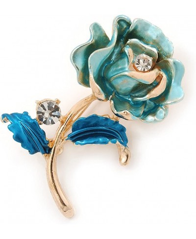 Romantic Light Blue/Teal Crystal Rose Flower Brooch in Gold Plating - 52mm L $8.71 Brooches & Pins