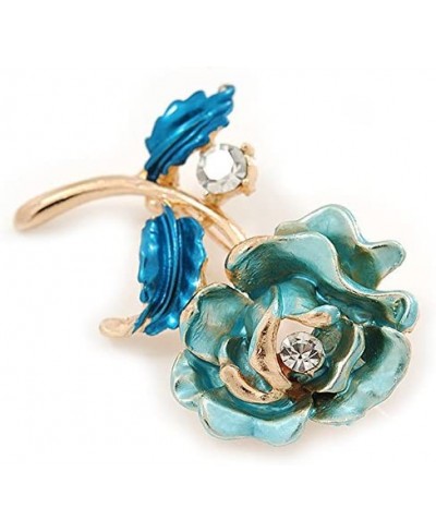 Romantic Light Blue/Teal Crystal Rose Flower Brooch in Gold Plating - 52mm L $8.71 Brooches & Pins