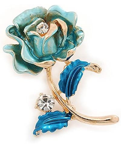 Romantic Light Blue/Teal Crystal Rose Flower Brooch in Gold Plating - 52mm L $8.71 Brooches & Pins