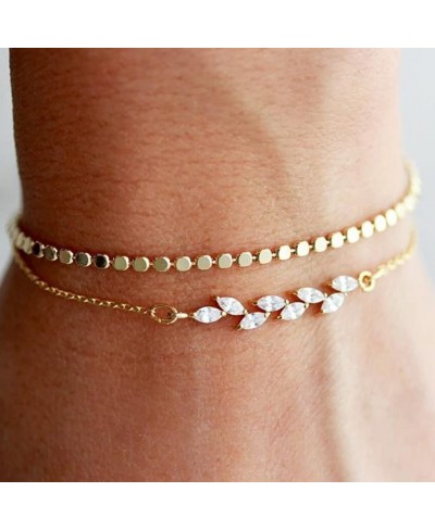 Gold Plated Bracelets for Women Dainty Layered Herringbone Twisted Rope Chain Bracelets Set Layering Dot CZ Leave Beaded Brac...