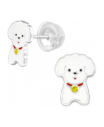 Hypoallergenic 925 Sterling Silver Bichon Frise Puppy Dog Earrings Adorned with Crystal with Silicone Coated Push Backs for G...