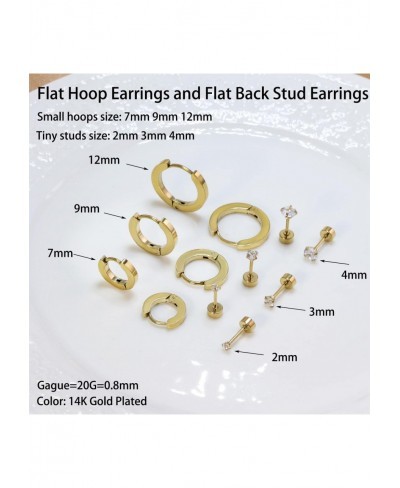 Earring Sets for Multiple Piercing 6 Pairs 14K Gold Plated Small Huggie Hoop Earrings Tiny Flat Back Cubic Zirconia Earrings ...