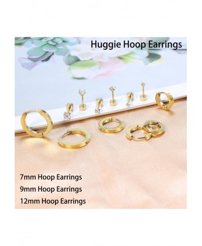 Earring Sets for Multiple Piercing 6 Pairs 14K Gold Plated Small Huggie Hoop Earrings Tiny Flat Back Cubic Zirconia Earrings ...