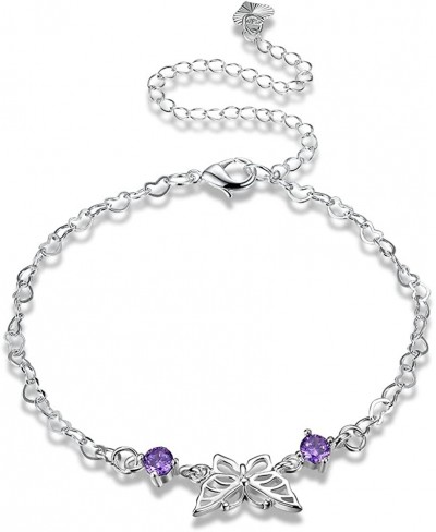Fashion Jewelry 925 Sterling Silver Plated Butterfly Purple Crystal Heart Chain Anklet $14.96 Anklets
