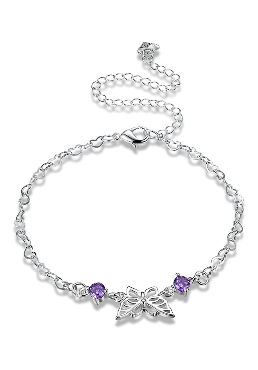 Fashion Jewelry 925 Sterling Silver Plated Butterfly Purple Crystal Heart Chain Anklet $14.96 Anklets