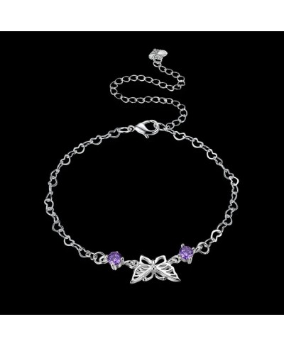 Fashion Jewelry 925 Sterling Silver Plated Butterfly Purple Crystal Heart Chain Anklet $14.96 Anklets