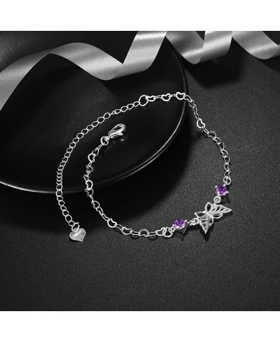 Fashion Jewelry 925 Sterling Silver Plated Butterfly Purple Crystal Heart Chain Anklet $14.96 Anklets