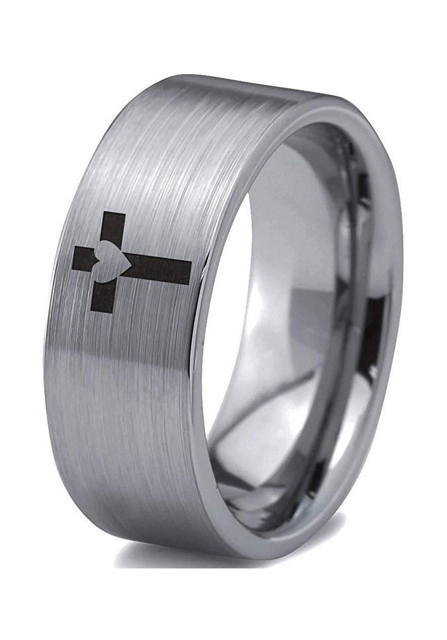 Heart Cross Christian Ring - Tungsten Band 8mm - Men - Women - 18k Rose Gold Step Bevel Edge - Yellow - Grey - Blue - Black -...