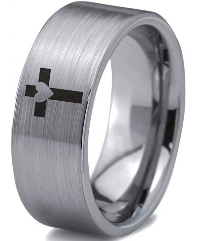 Heart Cross Christian Ring - Tungsten Band 8mm - Men - Women - 18k Rose Gold Step Bevel Edge - Yellow - Grey - Blue - Black -...