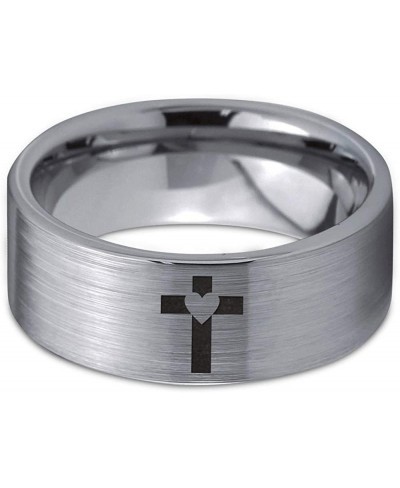 Heart Cross Christian Ring - Tungsten Band 8mm - Men - Women - 18k Rose Gold Step Bevel Edge - Yellow - Grey - Blue - Black -...