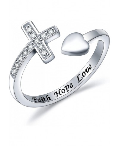 Cross Rings 925 Sterling Silver CZ Adjustable Faith Hope Love Cross Open Ring for Women Men Sideways Cross Christian Religiou...