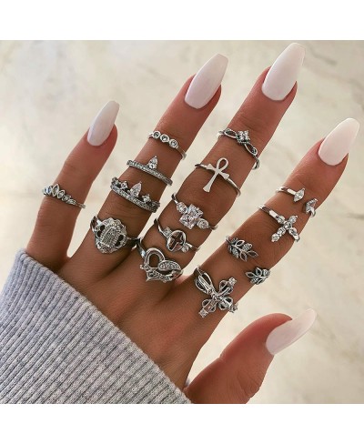 Boho Silver Rhinestones Love Cross Stacking Rings Set Gemstone Joint Knuckle Ring Set Vintage Mid Rings for Women and Girls 1...