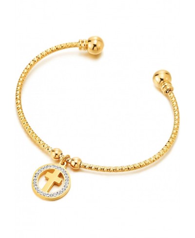 Elastic Adjustable Steel Gold Color Cross CZ Circle Charms Textured Bangle Cuff Bracelet for Women $10.33 Cuff