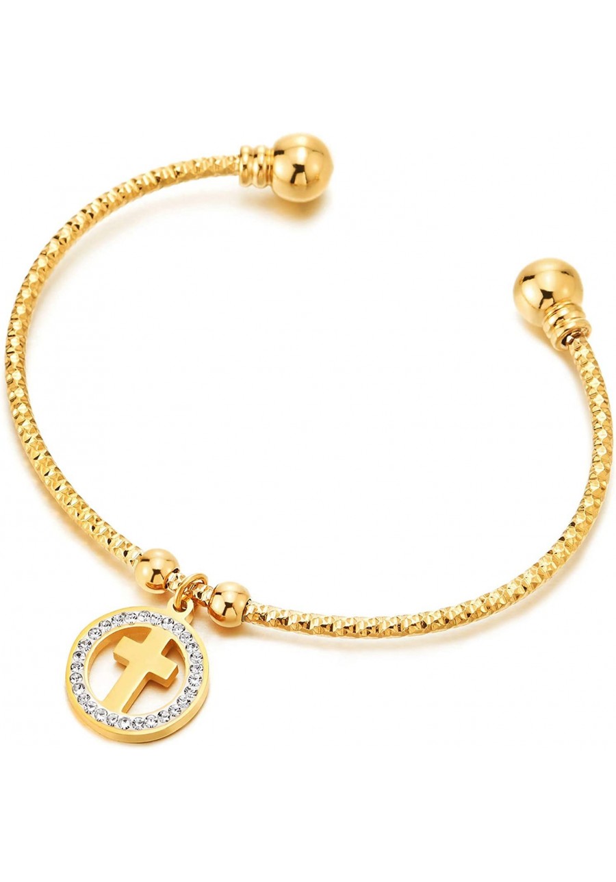 Elastic Adjustable Steel Gold Color Cross CZ Circle Charms Textured Bangle Cuff Bracelet for Women $10.33 Cuff