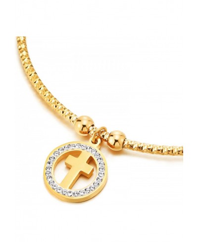 Elastic Adjustable Steel Gold Color Cross CZ Circle Charms Textured Bangle Cuff Bracelet for Women $10.33 Cuff