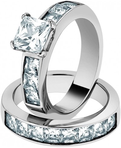 Women's Stainless Steel 316 Princess Cut 3.75 Carat Zirconia Wedding Ring Set $20.00 Bridal Sets