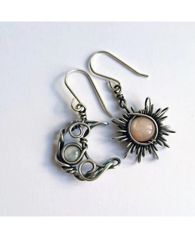 Bohemian Vintage Sun Moon Twining Opal Drop Earrings Boho Retro Inlay Moonstone Asymmetric Sun Cresent Wire Winding Dangle Ea...