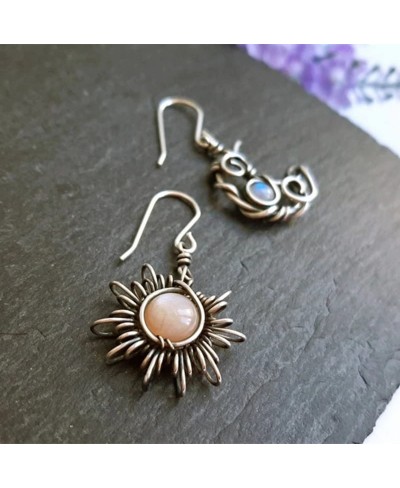 Bohemian Vintage Sun Moon Twining Opal Drop Earrings Boho Retro Inlay Moonstone Asymmetric Sun Cresent Wire Winding Dangle Ea...