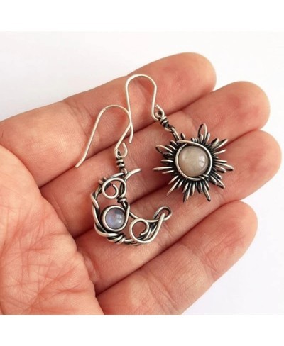 Bohemian Vintage Sun Moon Twining Opal Drop Earrings Boho Retro Inlay Moonstone Asymmetric Sun Cresent Wire Winding Dangle Ea...