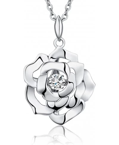 18K White Gold Plated Romantic Rose Necklace 925 Sterling Silver AAAAA+ Cubic Zirconia Diamond Rose Heart Necklace Great Gift...