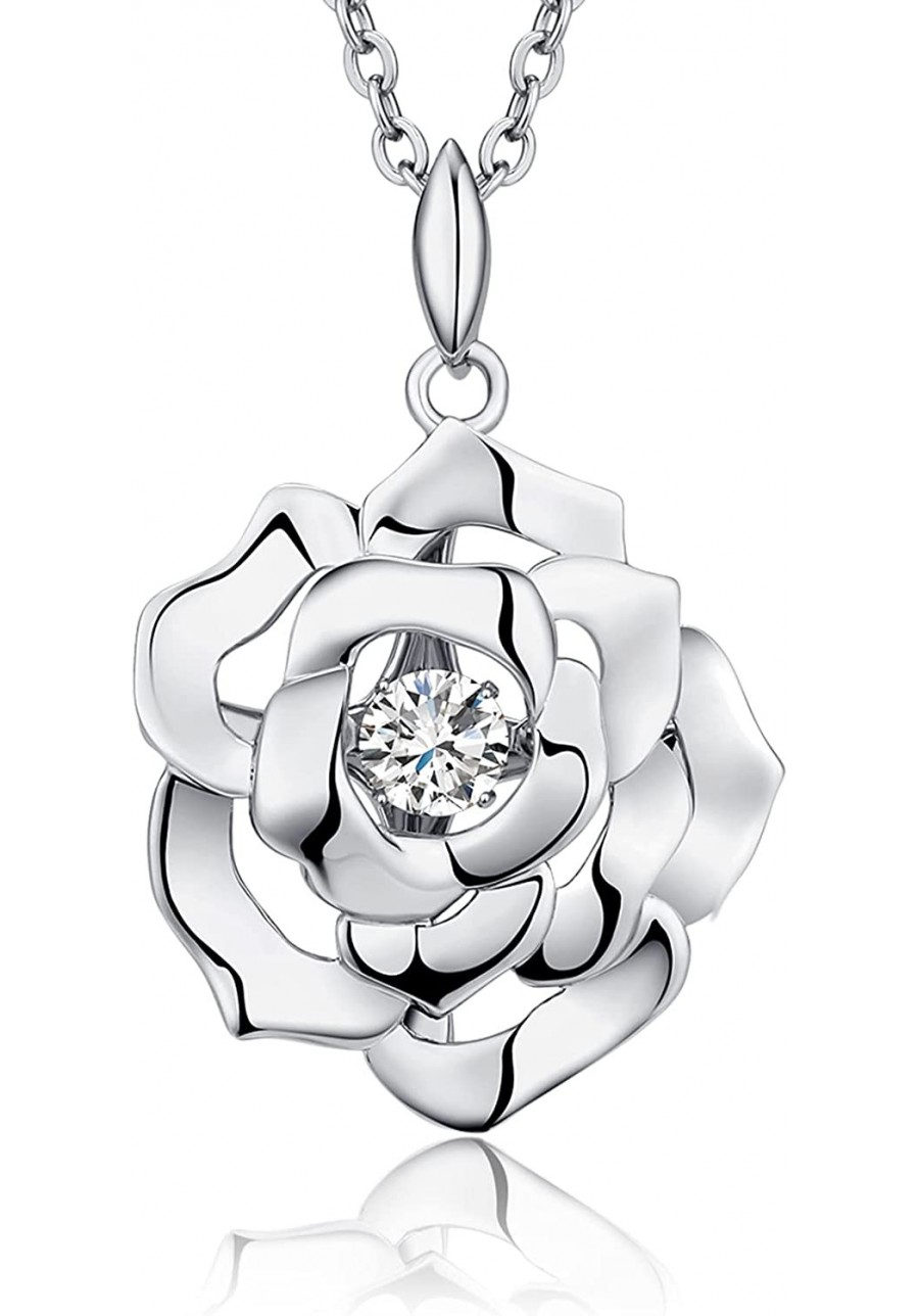 18K White Gold Plated Romantic Rose Necklace 925 Sterling Silver AAAAA+ Cubic Zirconia Diamond Rose Heart Necklace Great Gift...