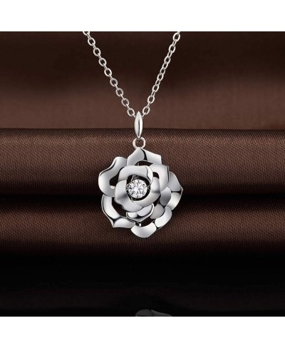 18K White Gold Plated Romantic Rose Necklace 925 Sterling Silver AAAAA+ Cubic Zirconia Diamond Rose Heart Necklace Great Gift...