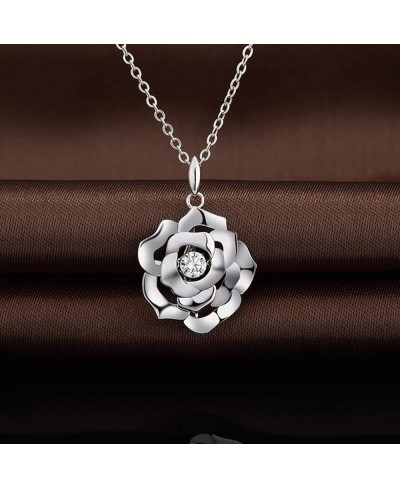 18K White Gold Plated Romantic Rose Necklace 925 Sterling Silver AAAAA+ Cubic Zirconia Diamond Rose Heart Necklace Great Gift...